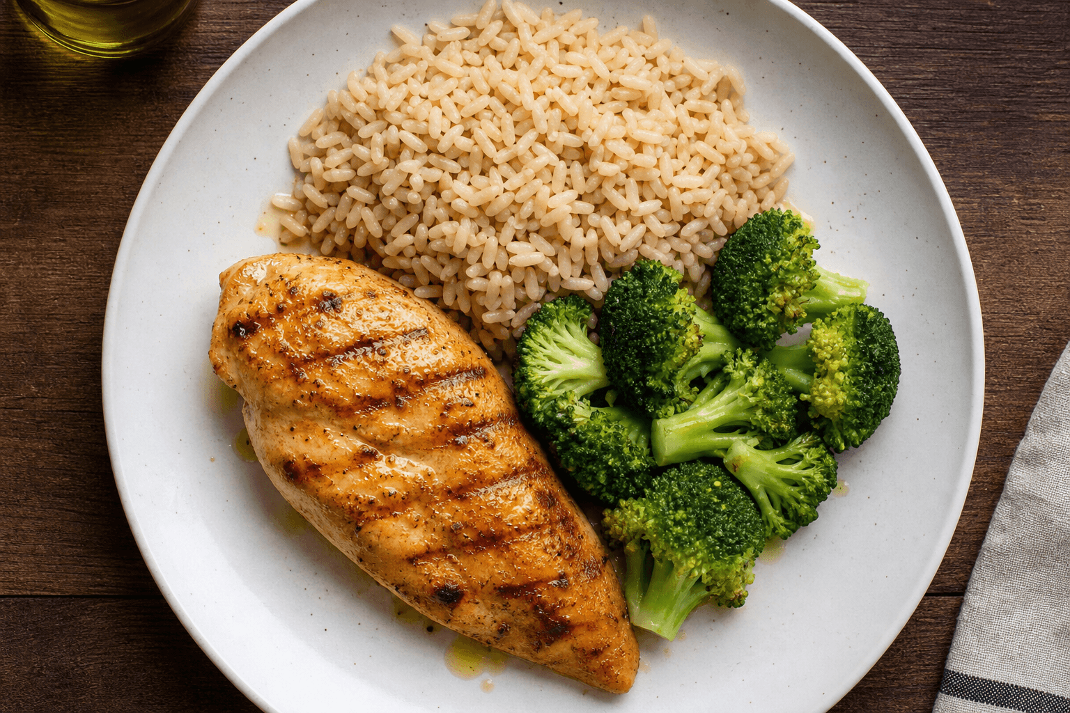 Prato com filé de frango grelhado, arroz integral e brócolis no vapor